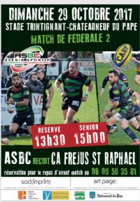 Rugby à XV: ASBC - C.A.R.F.. Le dimanche 29 octobre 2017 à Chateauneuf-du-pape. Vaucluse.  13H30